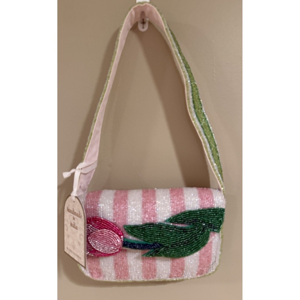 New Beautiful Beaded Floral Tulip Bag Pink & White Striped Shoulder Bag